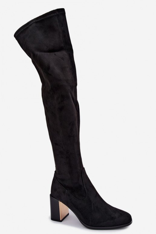 Schwarze Wildleder-Überknie-Stiefel mit Absatz Primelle