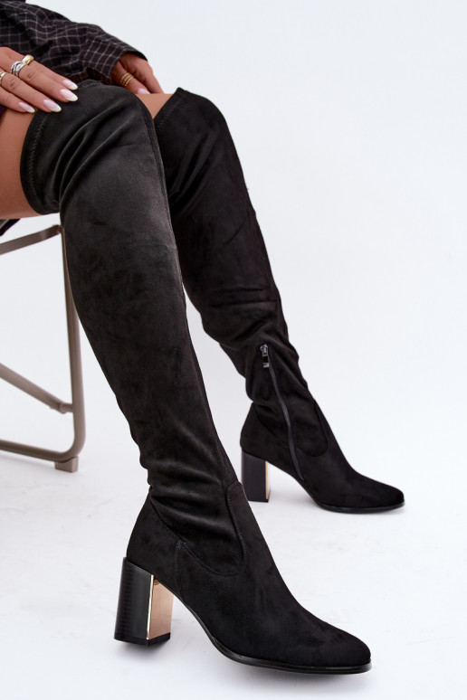 Schwarze Wildleder-Überknie-Stiefel mit Absatz Primelle