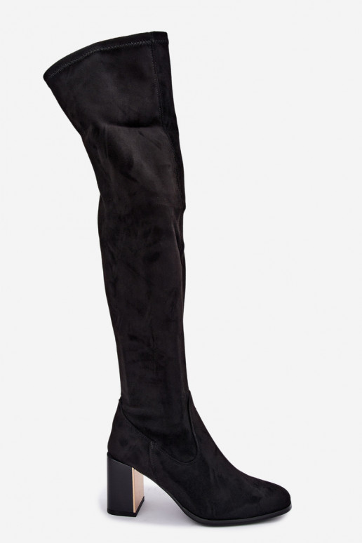 Schwarze Wildleder-Überknie-Stiefel mit Absatz Primelle