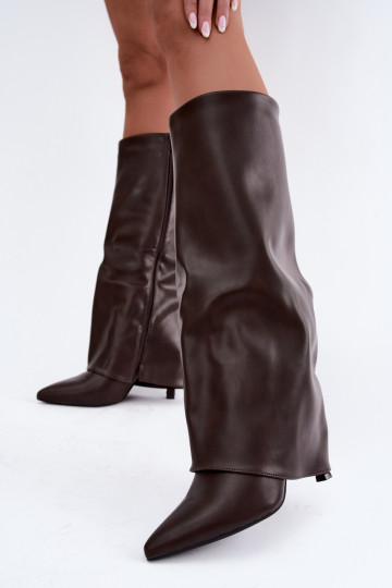 Fleecegefütterte kniehohe Stiefel mit dünnen Absätzen und einem korallenfarbenen Schaft