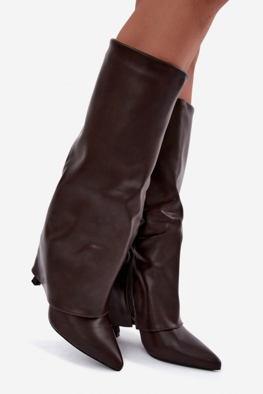 Fleecegefütterte kniehohe Stiefel mit dünnen Absätzen und einem korallenfarbenen Schaft