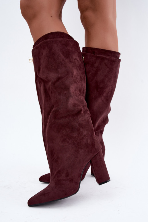 Fleecegefütterte kniehohe Stiefel mit doppeltem Schaft und burgunderfarbenen Kunstvelourslederabsätzen von Luminelle