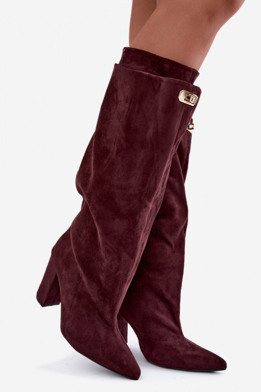 Fleecegefütterte kniehohe Stiefel mit doppeltem Schaft und burgunderfarbenen Kunstvelourslederabsätzen von Luminelle