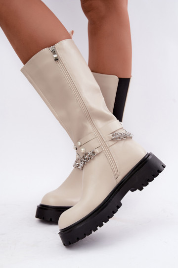 gefütterte kniehohe Stiefel mit Plateau und Ketten in sandfarben Doremi