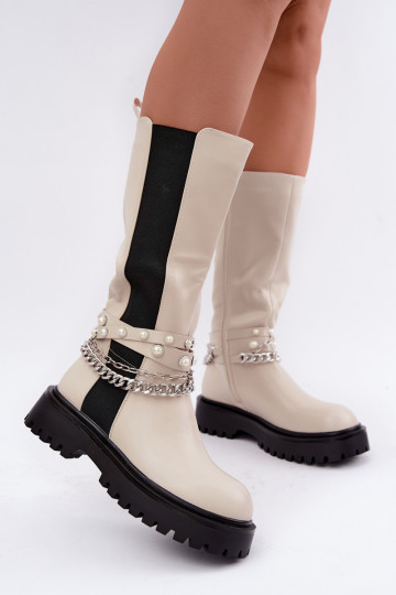 gefütterte kniehohe Stiefel mit Plateau und Ketten in sandfarben Doremi 2