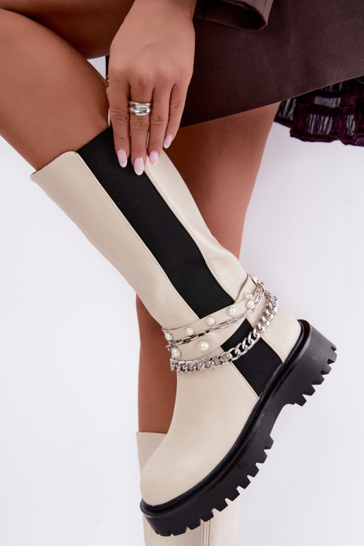 gefütterte kniehohe Stiefel mit Plateau und Ketten in sandfarben Doremi