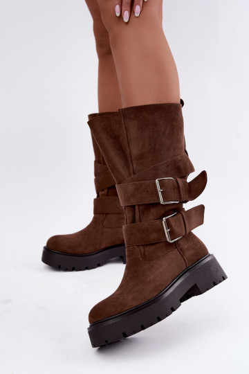 gefütterte kniehohe Stiefel mit Plateau und Schnallen in braun Palomae 2