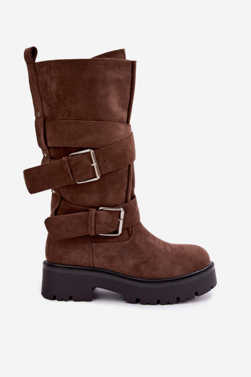 gefütterte kniehohe Stiefel mit Plateau und Schnallen in braun Palomae