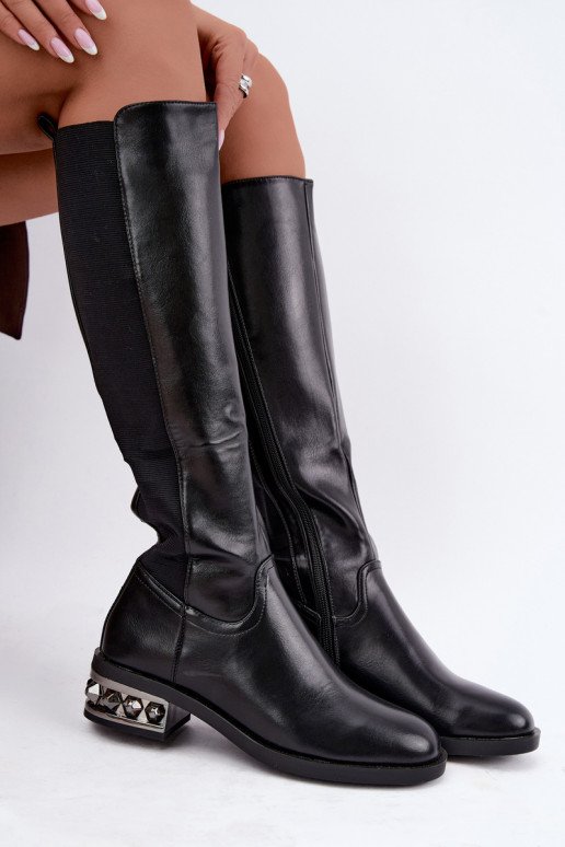 gefütterte kniehohe Stiefel mit Absätzen und schönen Details in schwarz Emani