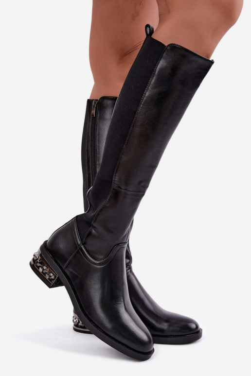 gefütterte kniehohe Stiefel mit Absätzen und schönen Details in schwarz Emani