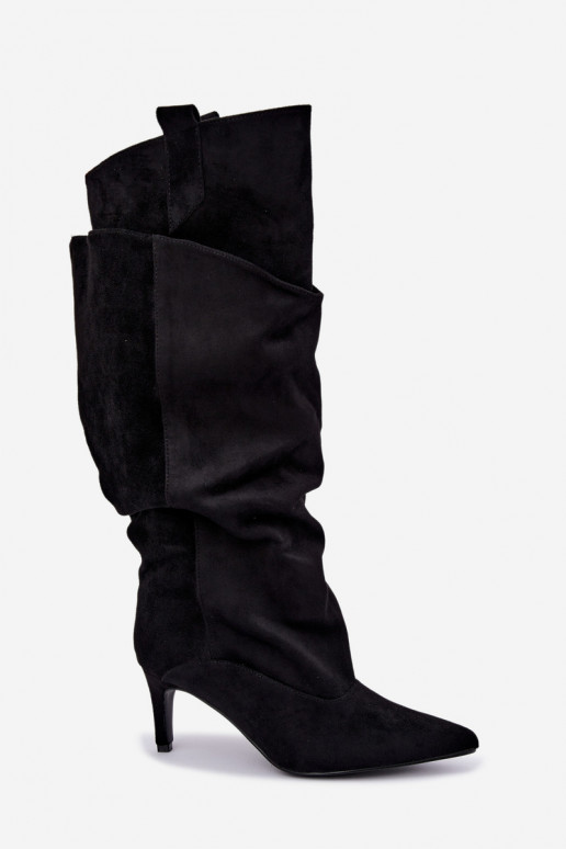 gefütterte kniehohe Stiefel mit Rüschen und dünnen Absätzen in schwarz Auretta