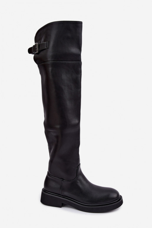 gefütterte kniehohe Stiefel mit flachem Absatz über dem Knie und Schnallen in schwarz Bonira