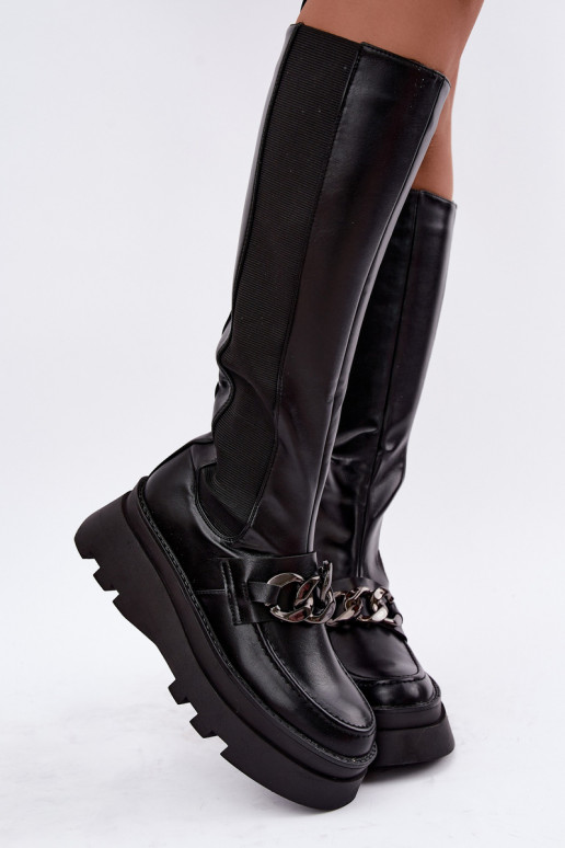 gefütterte kniehohe Stiefel mit Plateau und Ketten in schwarz Koraia