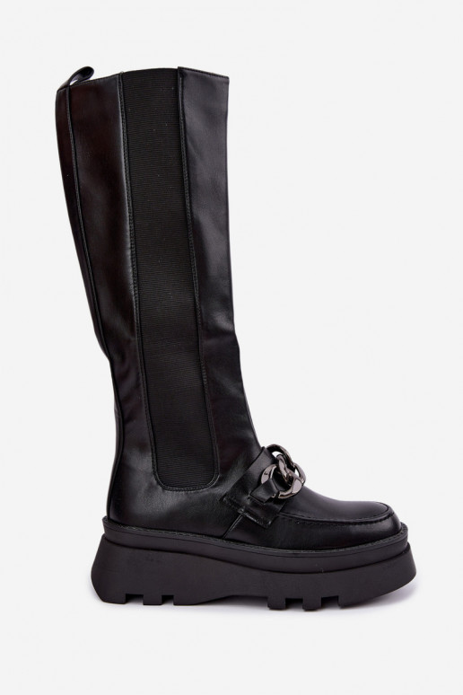 gefütterte kniehohe Stiefel mit Plateau und Ketten in schwarz Koraia