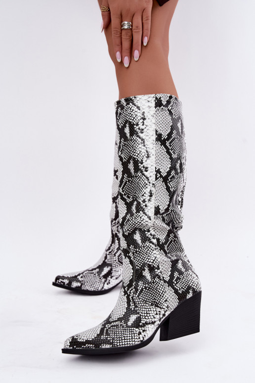 gefütterte kniehohe Stiefel im Cowboy-Stil mit Schlangenmustern in schwarz Bellina