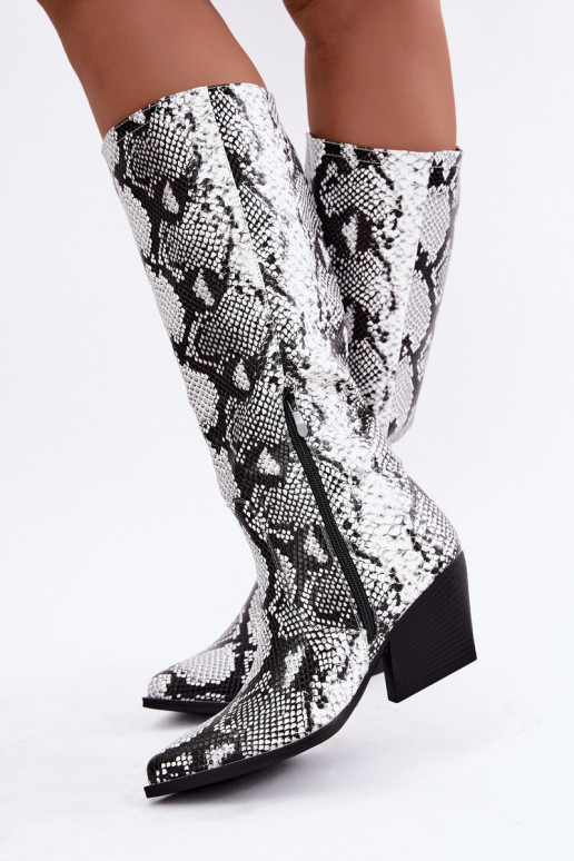 gefütterte kniehohe Stiefel im Cowboy-Stil mit Schlangenmustern in schwarz Bellina