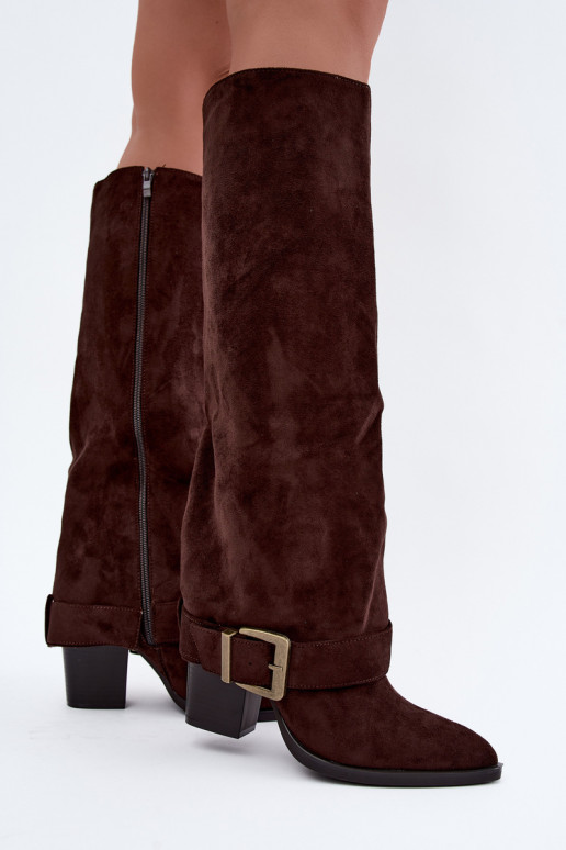 lange Stiefel mit Absätzen und Schnallen in braun Mirea