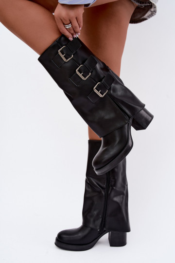 Warme schwarze lange Stiefel mit Schnallen Astrella