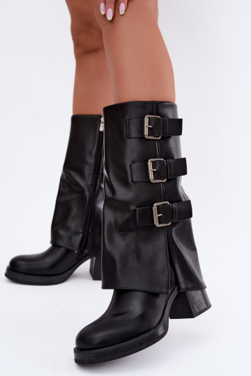 Warme schwarze lange Stiefel mit Schnallen Astrella 2