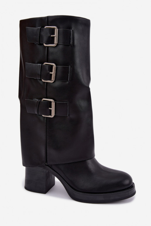 Warme schwarze lange Stiefel mit Schnallen Astrella