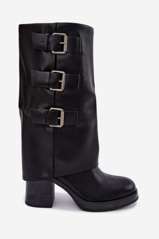 Warme schwarze lange Stiefel mit Schnallen Astrella