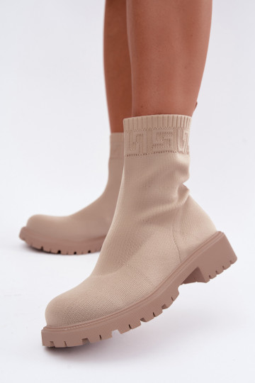 Sandfarbene Stiefel im Sockendesign mit breiten Absätzen Isaline