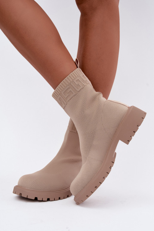 Sandfarbene Stiefel im Sockendesign mit breiten Absätzen Isaline