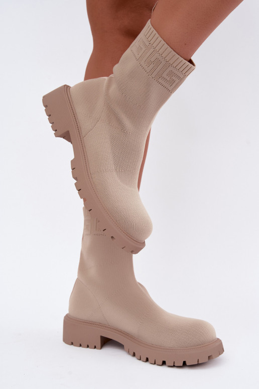 Sandfarbene Stiefel im Sockendesign mit breiten Absätzen Isaline