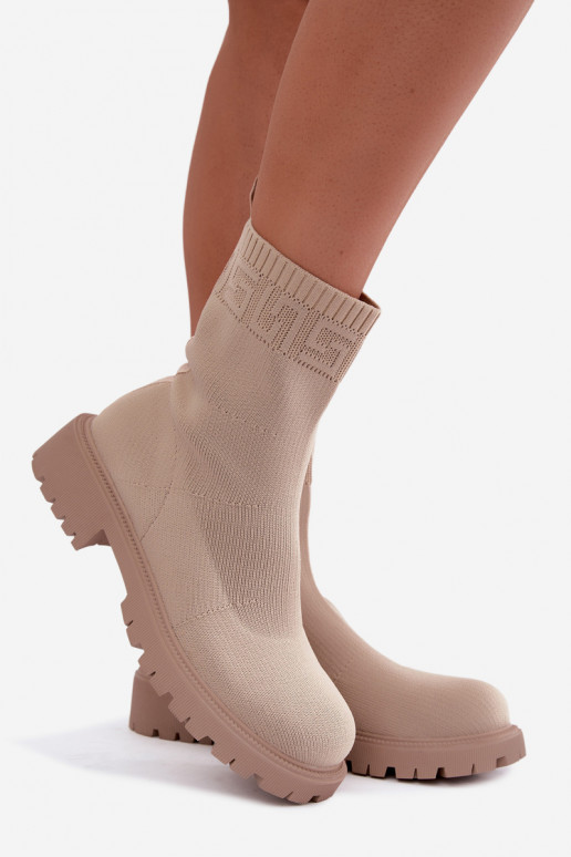 Sandfarbene Stiefel im Sockendesign mit breiten Absätzen Isaline