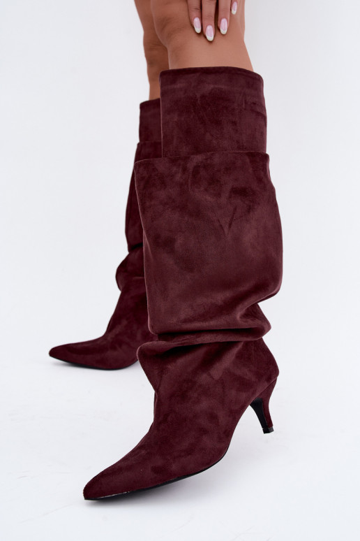 Orielle warme lange Stiefel mit Rüschen und Absätzen in Bordeauxfarbe