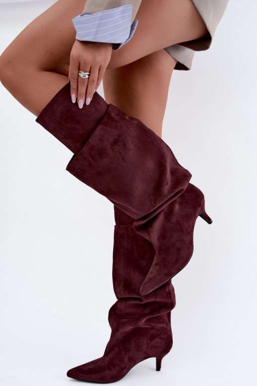 Orielle warme lange Stiefel mit Rüschen und Absätzen in Bordeauxfarbe