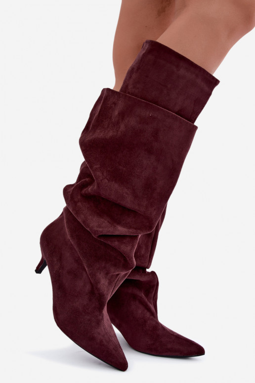 Orielle warme lange Stiefel mit Rüschen und Absätzen in Bordeauxfarbe