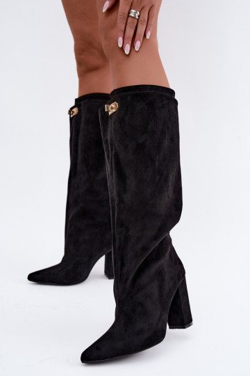 Warmes kniehohes Stiefel mit doppeltem Schaft und Absätzen, schwarz, aus Kunstveloursleder Luminelle 2
