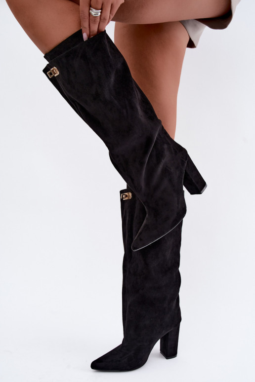 Warmes kniehohes Stiefel mit doppeltem Schaft und Absätzen, schwarz, aus Kunstveloursleder Luminelle