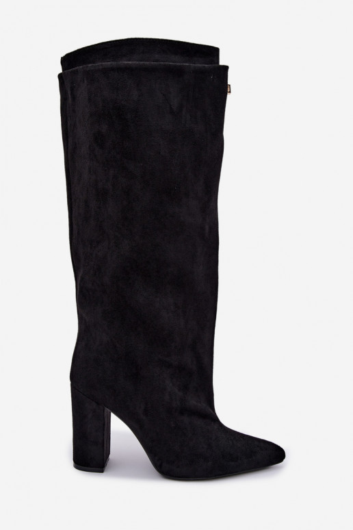 Warmes kniehohes Stiefel mit doppeltem Schaft und Absätzen, schwarz, aus Kunstveloursleder Luminelle