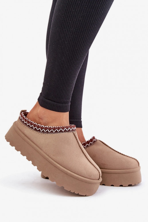 Sandfarbene Damen niedrige Schneestiefel mit gestickten Ringen auf Plattform Įjungtarirya