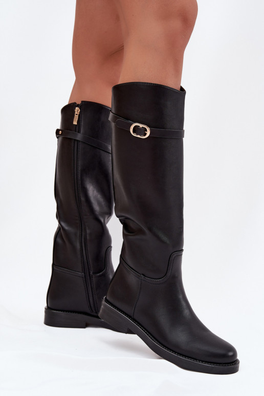 Schwarze Damenstiefel über dem Knie mit breiten Absätzen und goldenen Schnallen Sylvena