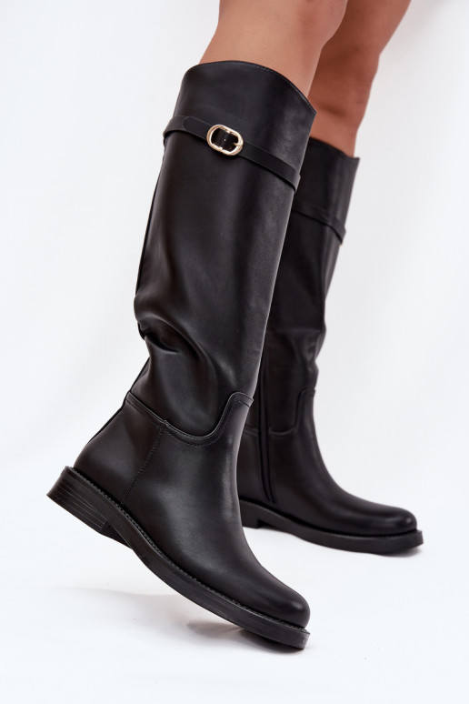 Schwarze Damenstiefel über dem Knie mit breiten Absätzen und goldenen Schnallen Sylvena