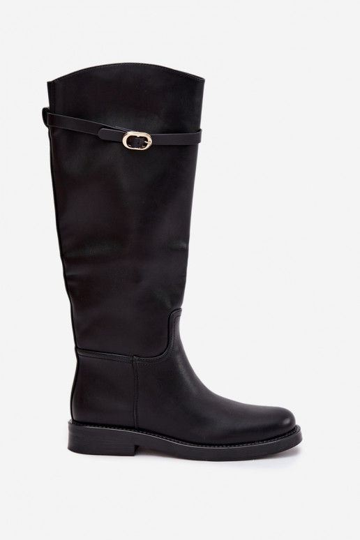 Schwarze Damenstiefel über dem Knie mit breiten Absätzen und goldenen Schnallen Sylvena