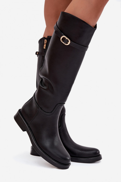 Schwarze Damenstiefel über dem Knie mit breiten Absätzen und goldenen Schnallen Sylvena