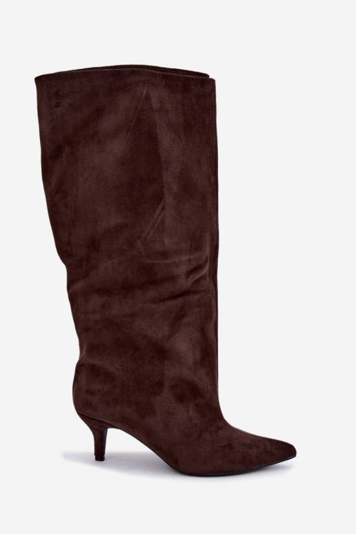 Warmen kniehohe Stiefel mit Rüschen und Absatz in Schokoladenfarbe Oriellea