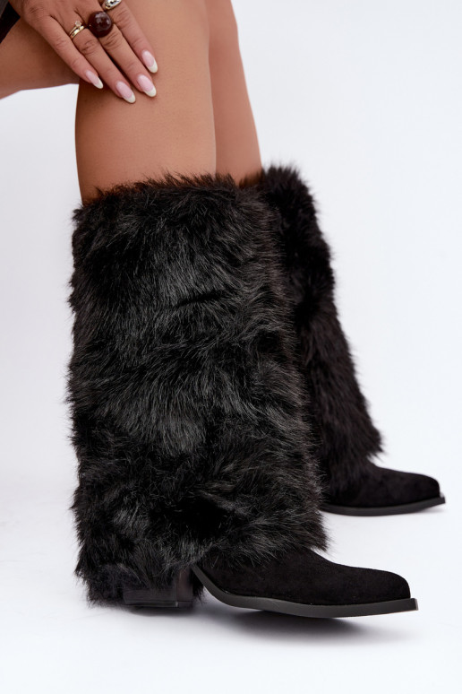 Warmen kniehohe Stiefel mit Fell und Schnürung in schwarzer Farbe Saphielle