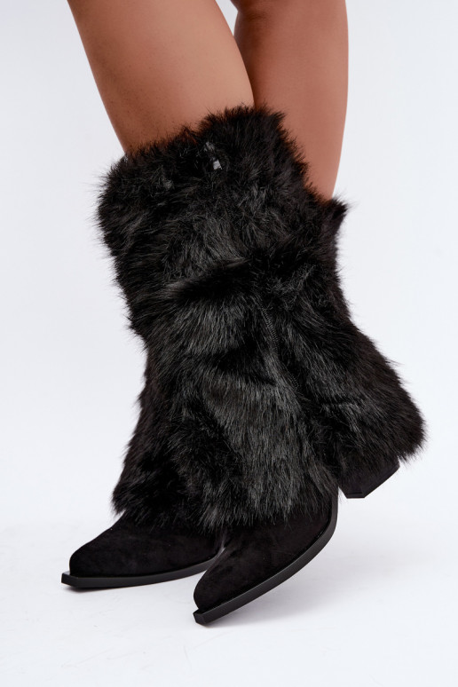 Warmen kniehohe Stiefel mit Fell und Schnürung in schwarzer Farbe Saphielle