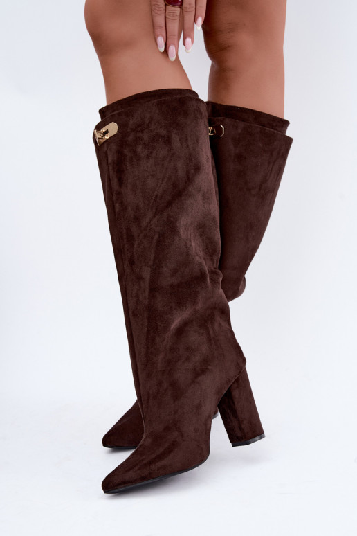 Warmen kniehohe Stiefel mit doppeltem Schaft und Absatz in Schokoladenfarbe aus Veloursleder Luminelle