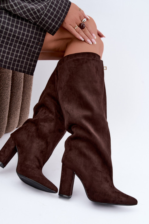 Warmen kniehohe Stiefel mit doppeltem Schaft und Absatz in Schokoladenfarbe aus Veloursleder Luminelle