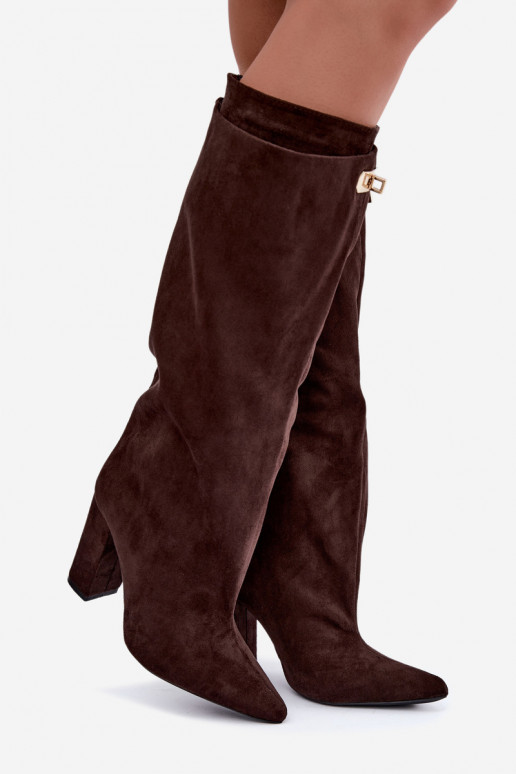 Warmen kniehohe Stiefel mit doppeltem Schaft und Absatz in Schokoladenfarbe aus Veloursleder Luminelle