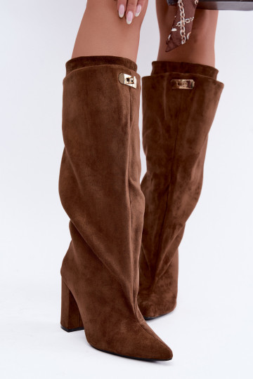 Warmen kniehohe Stiefel mit doppeltem Schaft und Absatz in brauner Farbe aus Veloursleder Luminelle