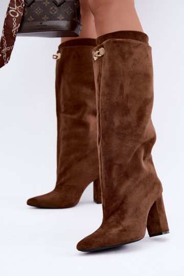 Warmen kniehohe Stiefel mit doppeltem Schaft und Absatz in brauner Farbe aus Veloursleder Luminelle 2