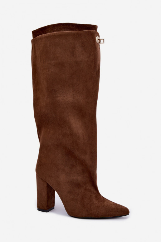 Warmen kniehohe Stiefel mit doppeltem Schaft und Absatz in brauner Farbe aus Veloursleder Luminelle
