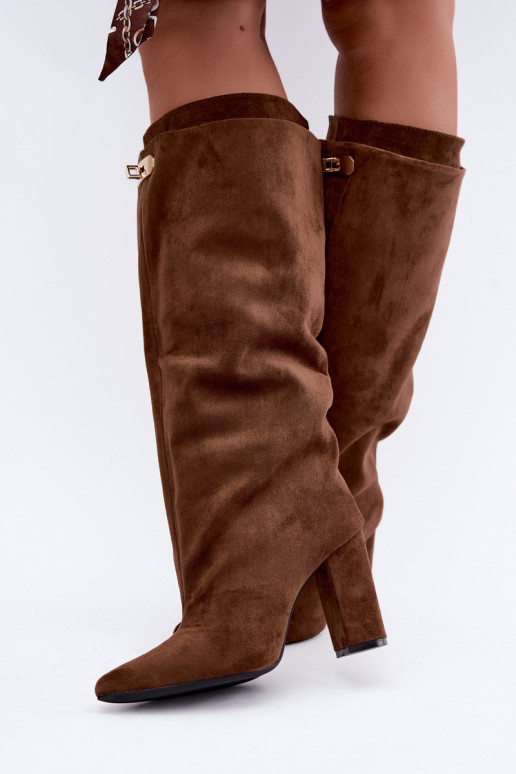 Warmen kniehohe Stiefel mit doppeltem Schaft und Absatz in brauner Farbe aus Veloursleder Luminelle